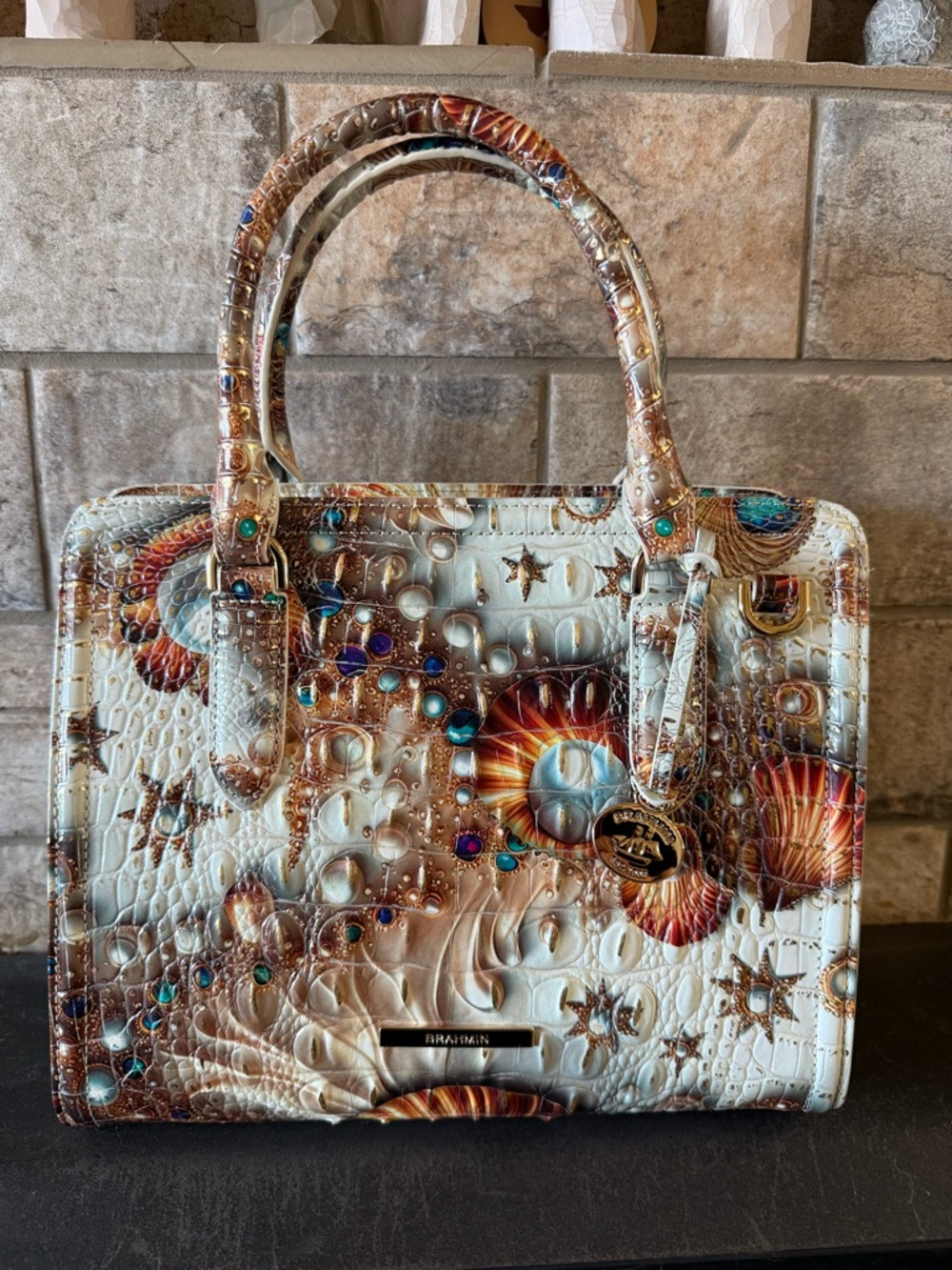 Brahmin “Sea Jewel” Leather Cami Satchel with Multicolor Accents- Gorgeous